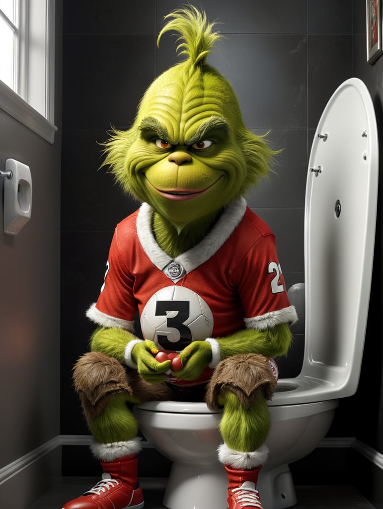 Profile side of The Grinch wearing a football jersey, he has an evil grin and he is sitting on a toilet bowl in the shape of a football helmet, 1980s Cartoon style