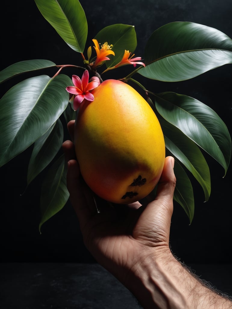 a hand holds a mango with a tropical flowers