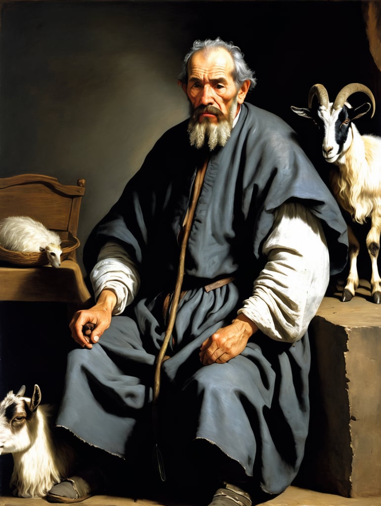A masterpiece painting by Diego Velázquez, fullshot view of a bearded old man, suffering, the man does not want to pay high taxes and gives away his last goat
