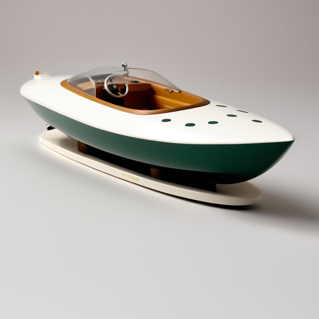 Toy chubby 1950s riva high speed racing boat designed by Dieter Rams. Simplistic minimalist post modernist product design. Oak top decking and white injection molded plastic hull. Full object in view.