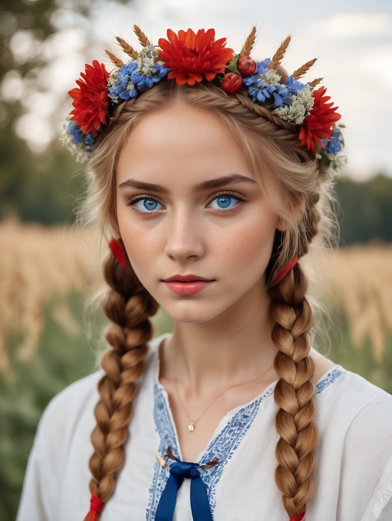 Dziewczyna. wiek 21 lat. włosy w kolorze złocistego zboża. dwa grube warkocze. Duży wianek z kwiatów na głowie. Niebieskie oczy. Biała tunika lniana z czerwonymi tasiemkami. styl ubiory Słowianie.