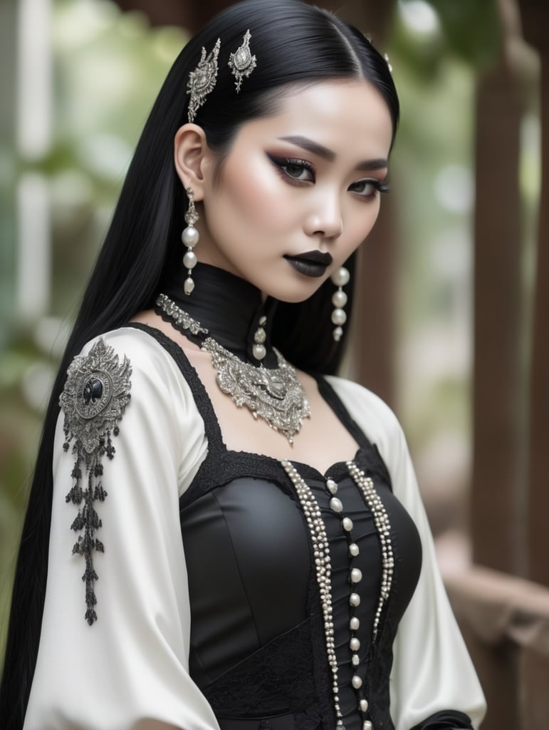 Thai woman wears a goth outfit, pearl white skin