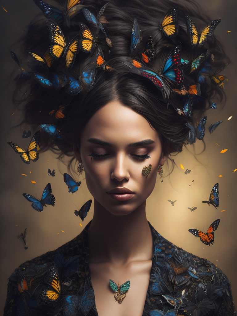 Portrait of a woman with many butterflies in her hair, Tears are flowing from the woman's eyes, butterflies are trying to please the woman