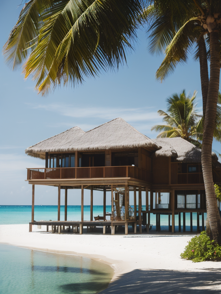 Over water villa in the maledives with the sun shining and some palms