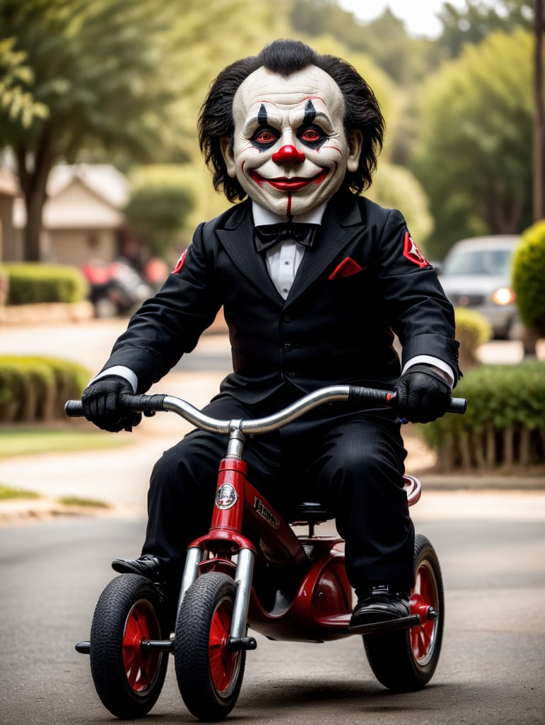 Billy the puppet from the movie saw drifting on his tricycle, highly detailed and resolution