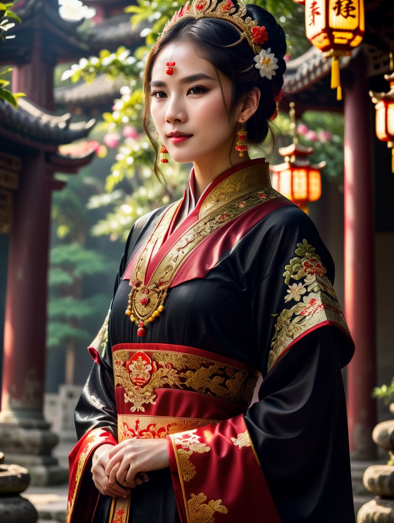 dressed in a traditional outfit with Traditional Chinese wedding crown, standing, captured against a backdrop of a (dark room of an old Chinese temple, ) illuminated by a (daylight medium contrast source ),