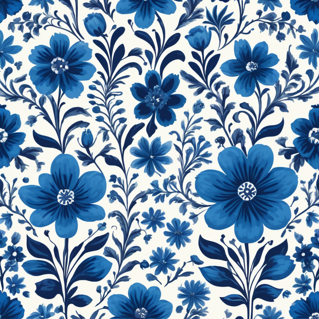Seamless pattern beautiful floral pattern with blue flowers in the background, in the style of polish folklore motifs, juliana nan, mexican folklore - inspired, tivadar csontváry kosztka, clara peeters, texture exploration, blue color scheme, blue pallete, amoled