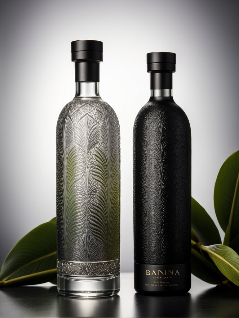 Tall minimalist glass banana vodka bottle design with a texture of closely spaced vertical lines with vibrant colors for a luxury matte black perfume with a shape inspired by vodka bottles. On a dark gray background. Packaging and branding for a banana vodka brand, a set design with banana, and banana leaves.