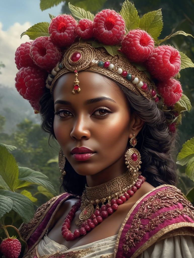 Portrait of a Beautiful women from African fairy tale wearing traditional costume around bunches of raspberry