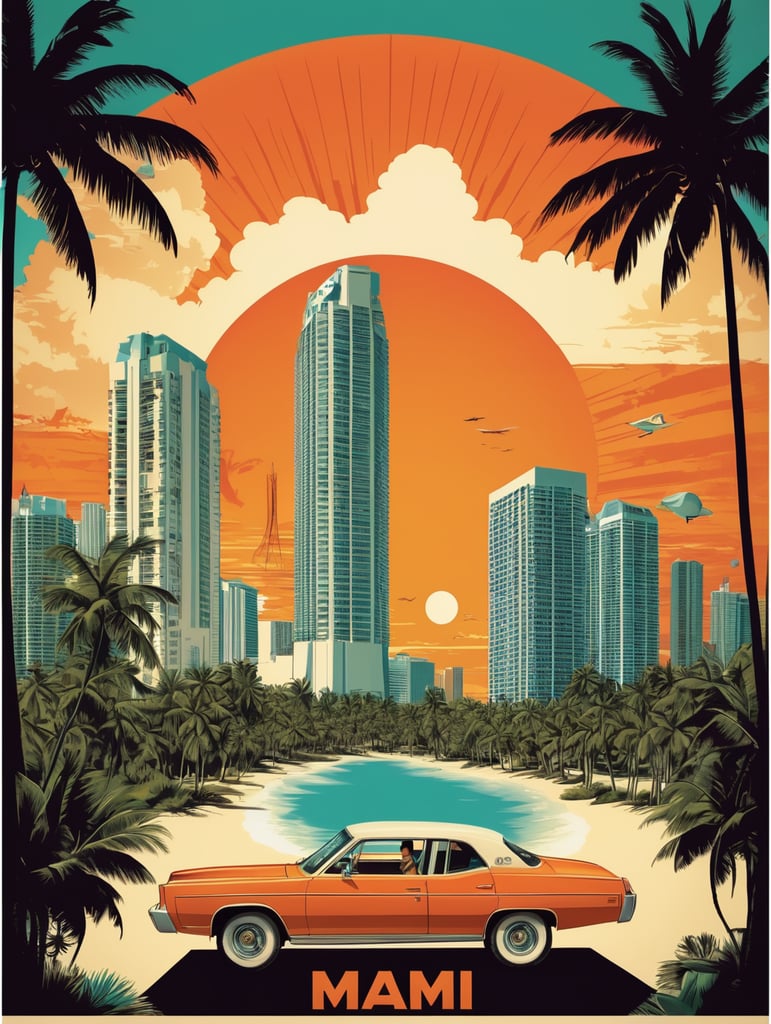 Miami eye-catching poster-style drawing and illustration representing the iconic pulp style.