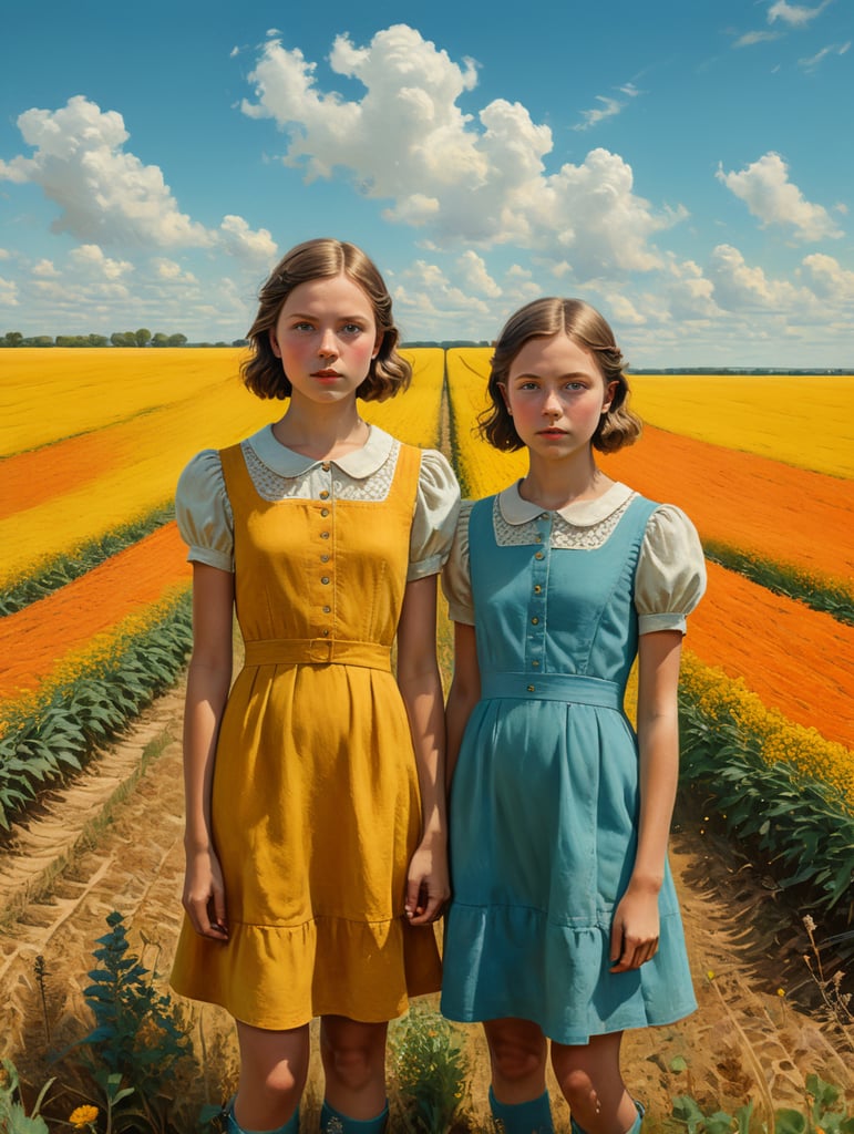 Vintage portrait of two girls wearing a simple dress in a yellow field, clear blue sky, complementary colors, Wes Anderson style, Incredibly high detail, Muted colors, turquoise color, orange color, red color