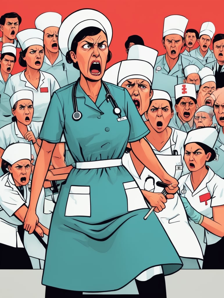 an angry nurse, Illustration, Flat Style, France, style of Jean Jullien