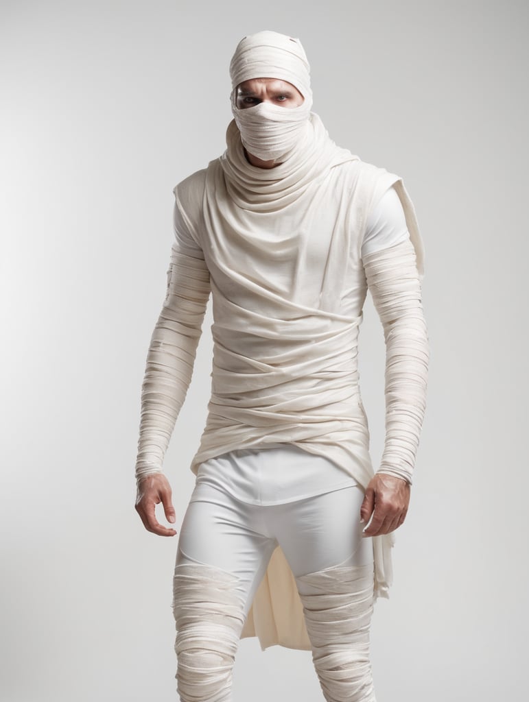 A photograph of man covered in bandages with realistic style, halloween costume, white background, full body, show hands, show neck and head
