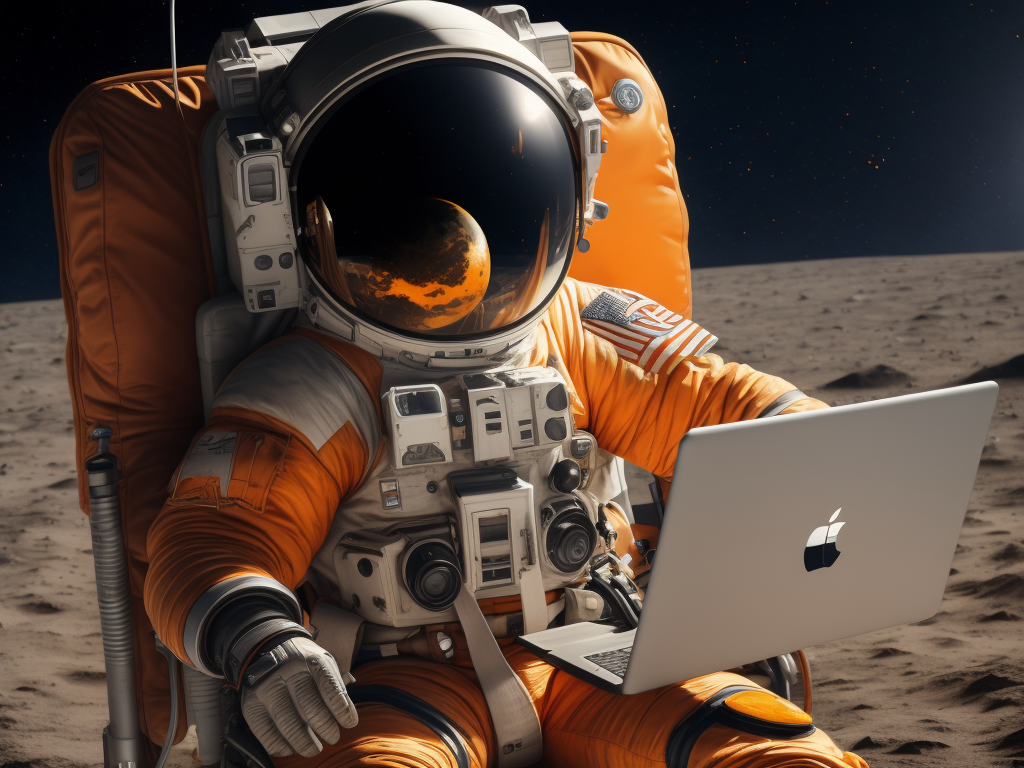 Astronaut on the moon with orange suite working on laptop