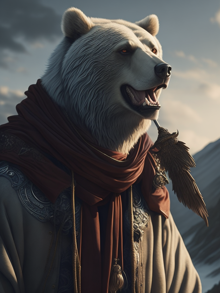Portrait, human male, shaman, nomad, well-traveled, flowing robes, neck scarf covering mouth, long staff in right hand, empty hand reaching, ethereal ghost of roaring grizzly bear in background, intense blue cloudy sky, dramatic lighting, depth of field, incredibly high detailed