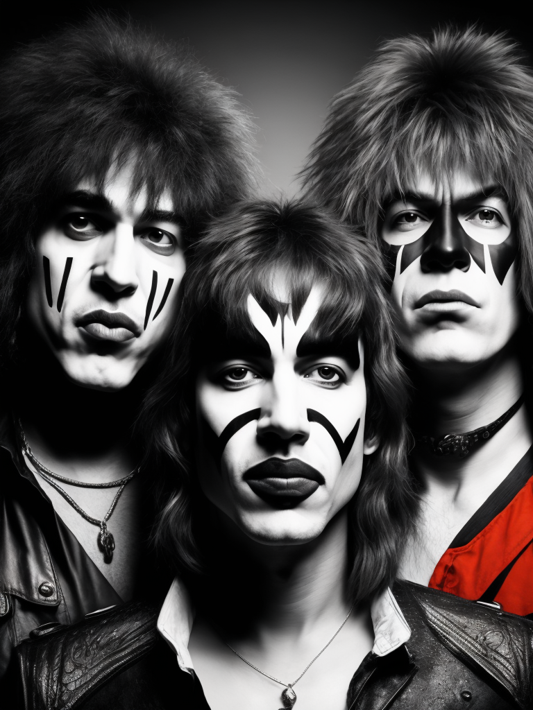 Rock band Kiss, Faces painted black and white, studio photo, professional photo, Bright and rich colors, Detailed image, detailed face