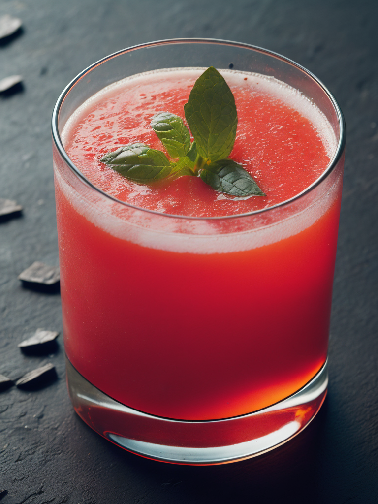 a glass of tomato juice with green leaves on top