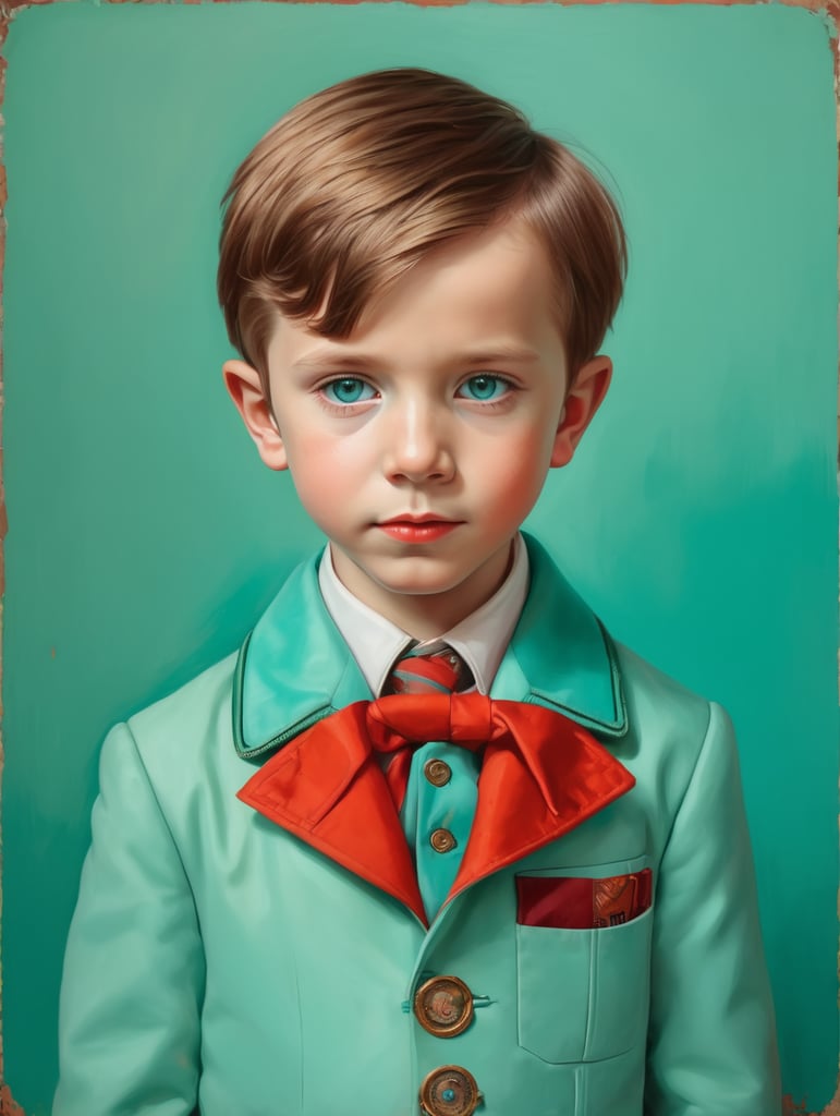 Portrait of child, half lenght, Wes Anderson style, Incredibly high detail, Bright colors, turquoise green and red colors,