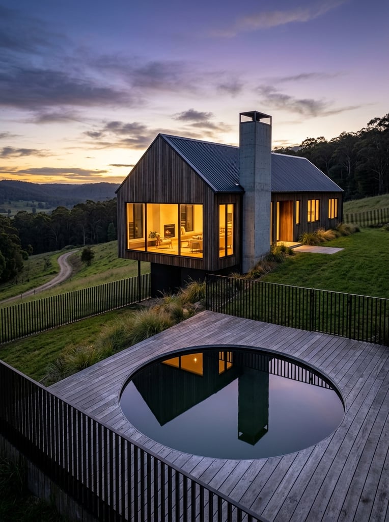 modern minimalist house, vertical wood siding, corrugated metal pitched roof, large glowing picture window, tall exposed concrete chimney, elevated on a grassy hill, circular reflection pool embedded in wooden deck foreground, vertical metal slat fence, soft twilight sky, purple and golden hues, serene architectural photography, wide angle