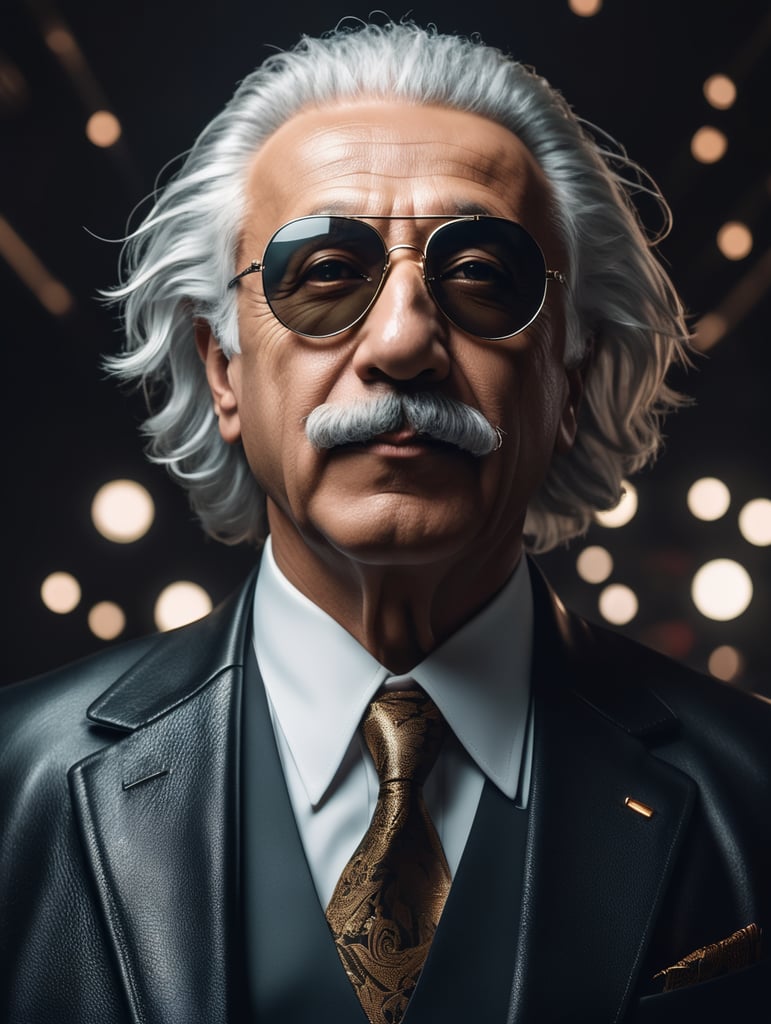 cinematic photo of Albert Einstein in DJ style. Dressed in a dark leather suit, rayban sunglasses perched on his nose, holding his headphone in his hand like a true boss. Money raining down around him, crisp dollar bills fluttering in the air. A sleek sports car in the background, doors open, ready to ride. Einstein's confident smirk, a swagger in his stance, the embodiment of intellectual cool and unapologetic brilliance. 35mm photograph, film, bokeh, professional, 4k, highly detailed, vibrant, stunningly beautiful, high contrast, ultra-modern