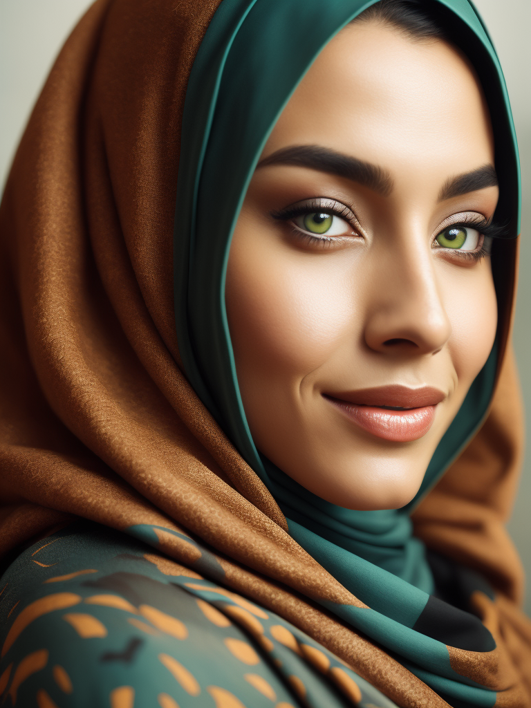 Portrait of hijab green eyes woman, white skin, brown oval eyebrows, smiling, bright and saturated colors, elegant, highly detailed, vogue, fashion magazine, sharp focus, bright expressive makeup, dramatic lighting, depth of field, incredibly high detailed, blurred background