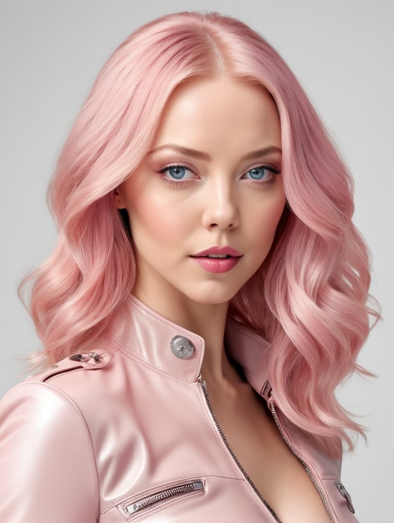 Amanda Seyfried with pink hair in pink leather leather posing, in the style of sleek metallic finish, solapunk, comic art, firmin baes, eye-catching, dark white and dark black, toyen