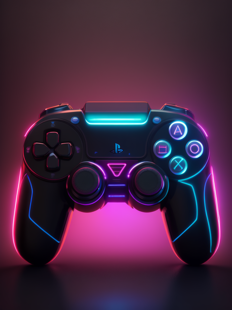 Design a futuristic, neon-colored gaming controller in the style of a playstation controller, glowing neon, semitransparent, deep vibrant colors, high details