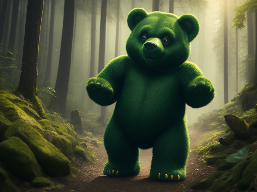 Big green gummy bear in a Wonderland forest, bright and saturated colors, highly detailed, sharp focus, Dramatic Lighting, fairy tale