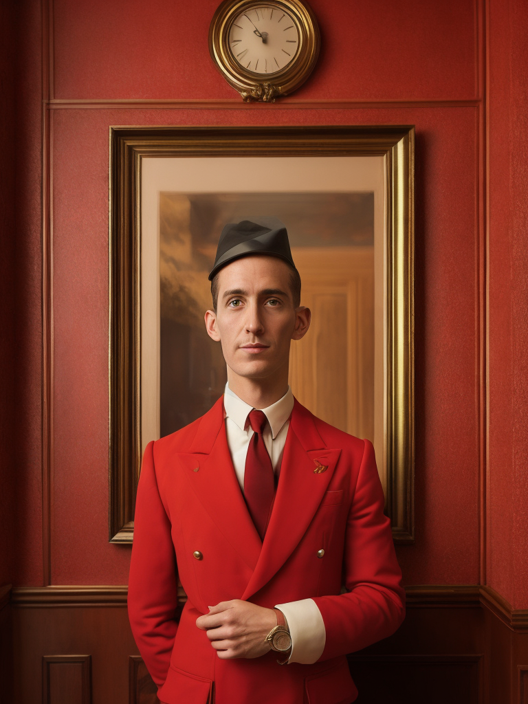 Vintage Portrait of hotel porter, Red uniform, Wes Anderson style, Incredibly high detail, Bright colors