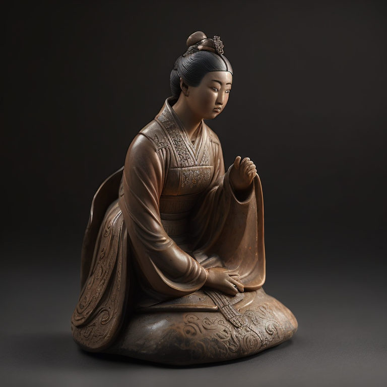 ancient small clay and glazed Chinese sculpture of a woman, deep atmosphere, realistic