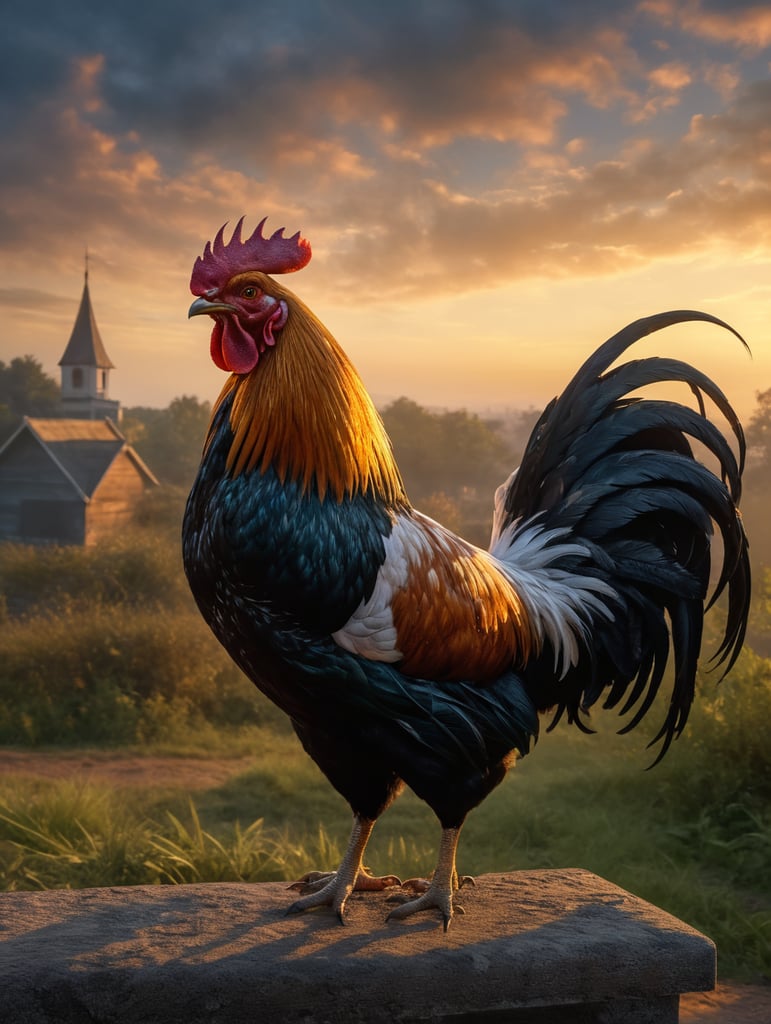 beautiful photorealistic rooster crowing in morning outside, beautiful morning sky