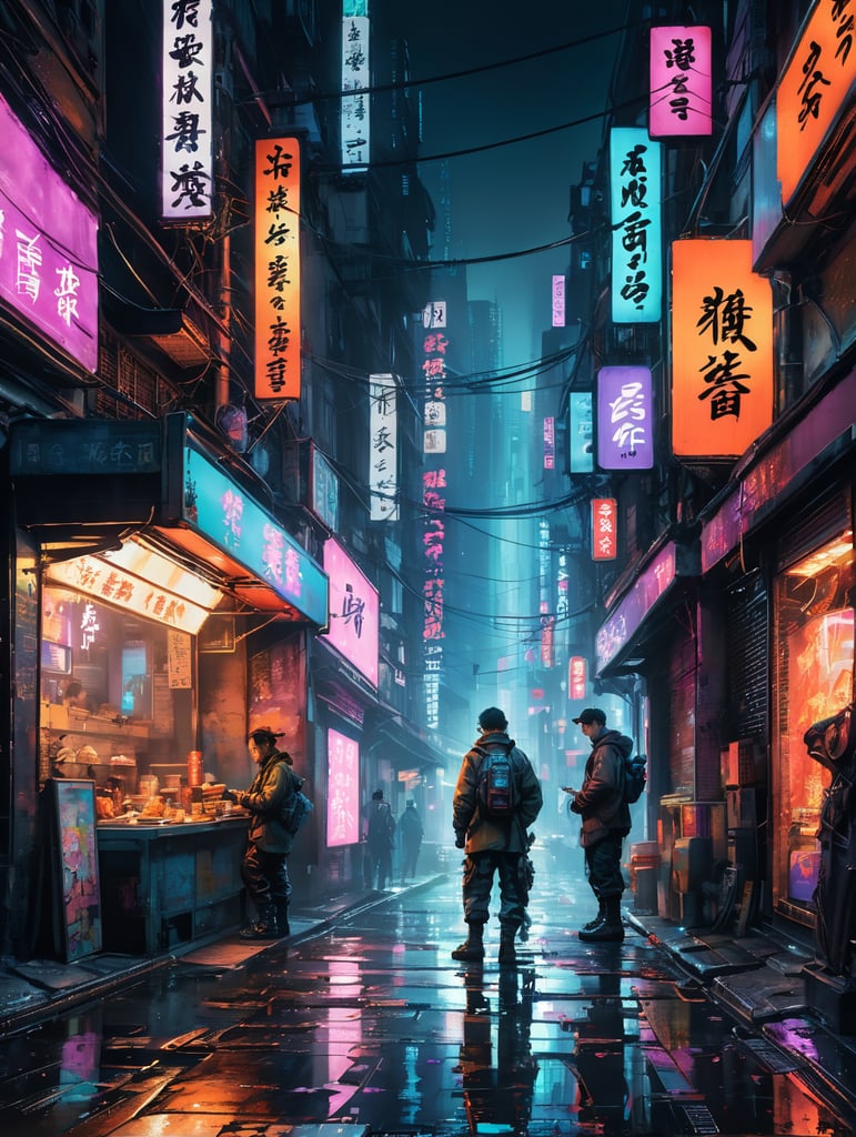 Paint a hyper-realistic, cyberpunk-inspired tableau of a small, dimly lit Asian street awash with neon lights. Convey the gritty, dystopian ambiance of this urban scene, from the reflection of neon glows on wet pavements to the intricate details of holographic advertisements. Describe the characters, the street food vendors, and the cyber-enhanced denizens who inhabit this futuristic alleyway. Transport the reader into this meticulously crafted, high-tech Asian cityscape.