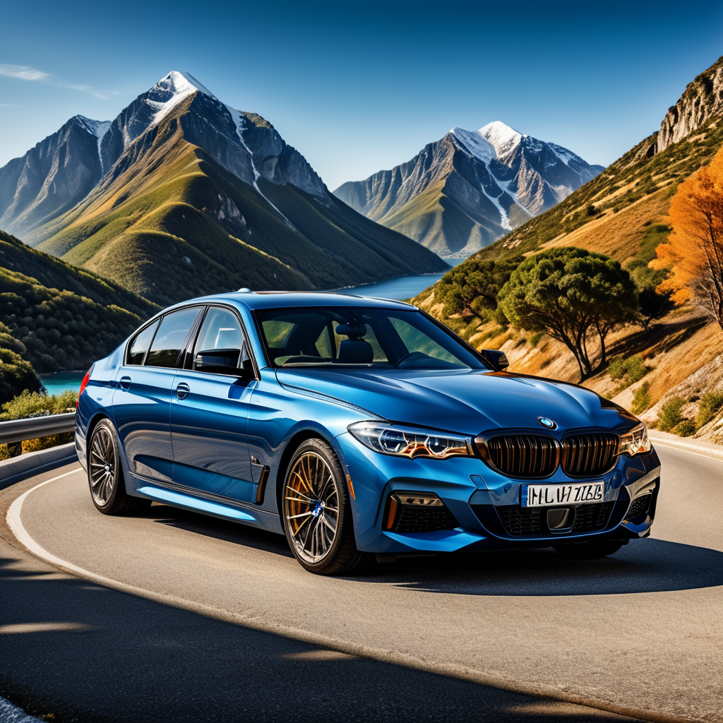 A beautiful BMW Sedan standing on the mountain road,Car Bonnet Stripes Graphics Hood, blue sea in the background of car, highly detailed car,highly detailed orange line on the car bonnet, highly detailed matt finish colour, highly detailed Alloy Wheels, Orange road, ultra realistic, photorealistic, 32k.