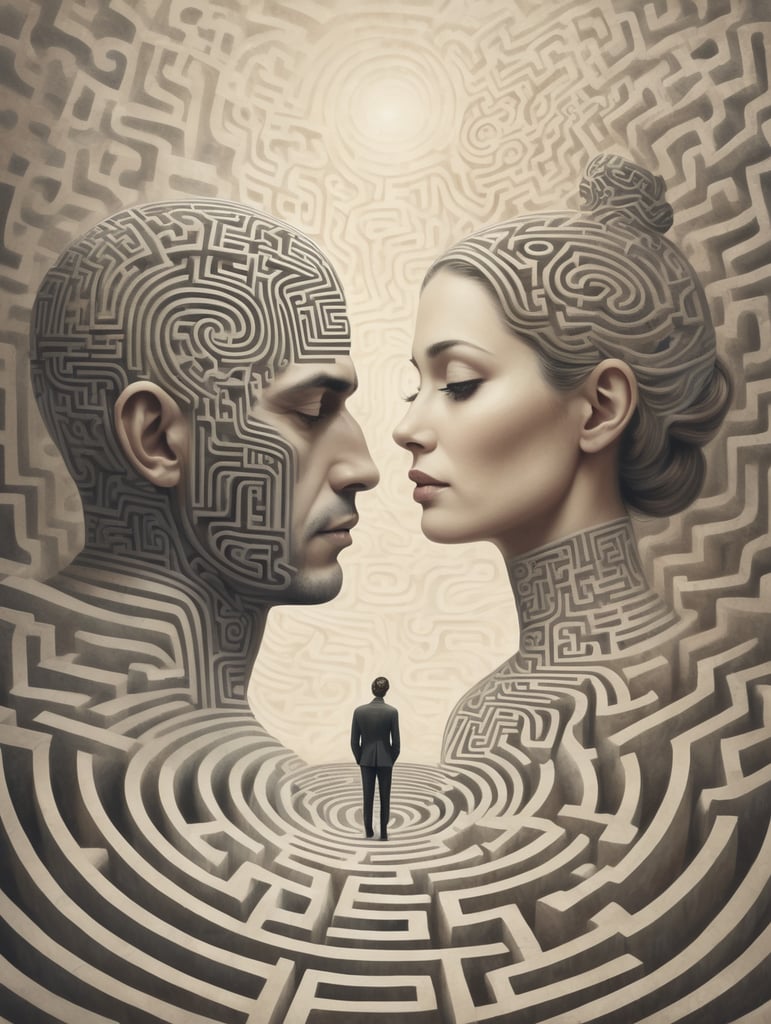 a man and woman couple in a maze of positive and negative thoughts. style: surrealism