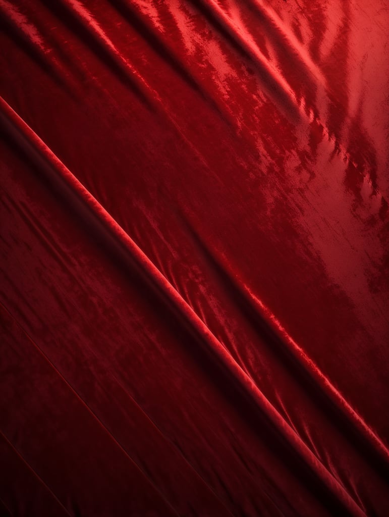 Luxorious red velvet cloth background. Warm spotlight in center. Top view. Pgotorealistic. Decorative red shiny lines.