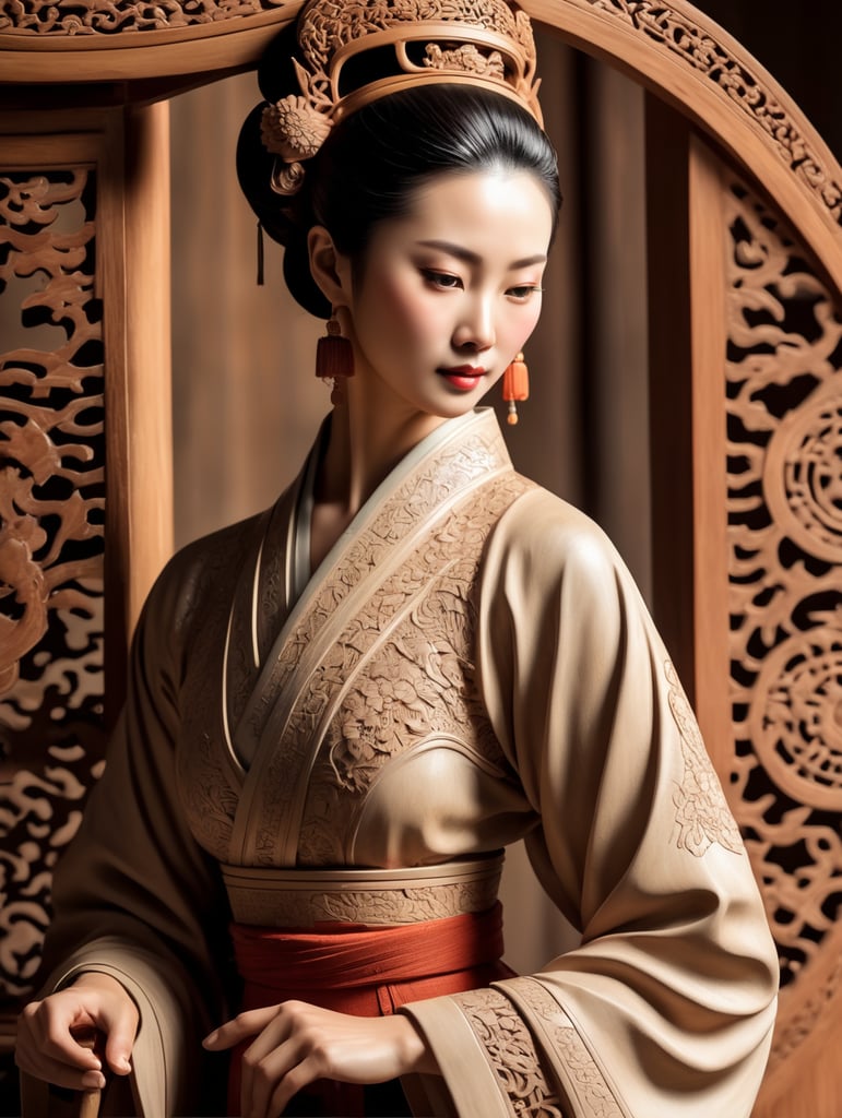 a graceful woman, Chinese Wood carving, retro, textured, prominent details, minimalist, modeling, high-definition, fine, light and shadow, single object, shoot by a sony camera, 35mm, intricate designs, delicate details, and high level of craftsmanship, aesthetic beauty, cultural significance, and historical importance
