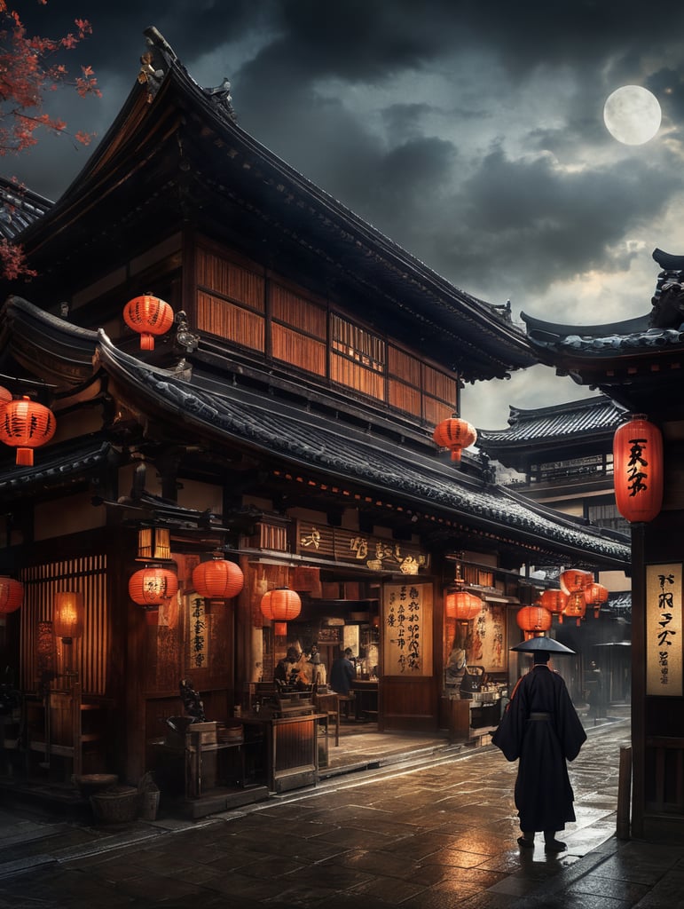 a dark district in Kyoto, the emperor's palace visible, one open restaurant with a large Ramen Shop sign on the streets. on the street you can see an old grandmother accompanied by a demon from Demon Slayer.