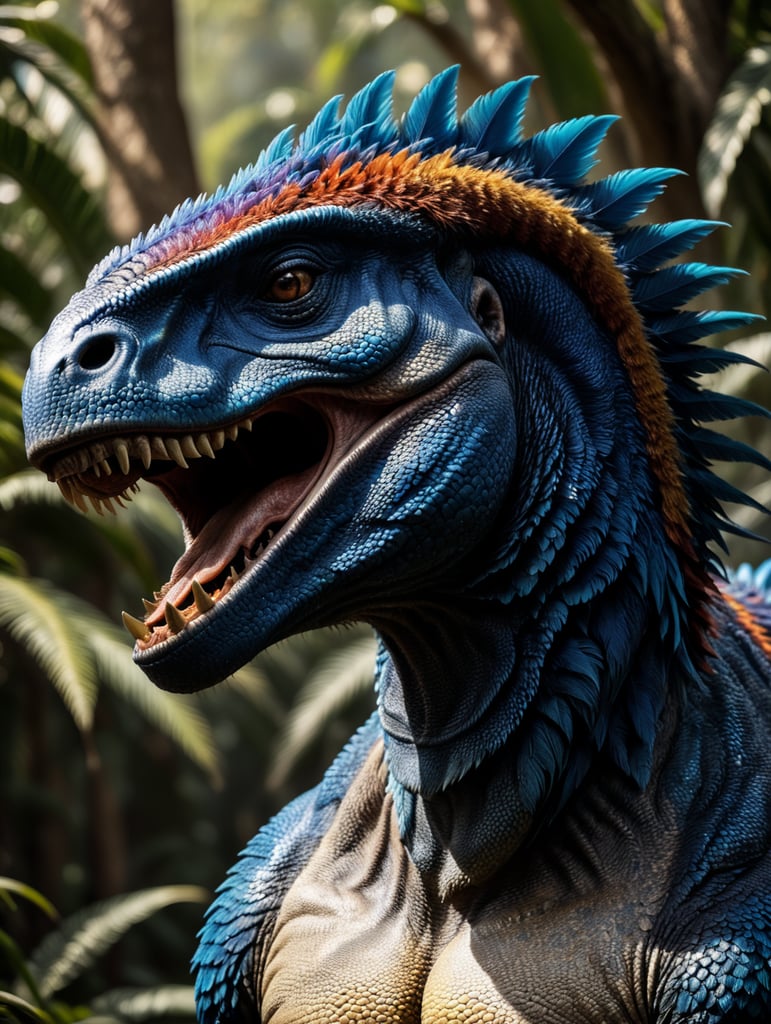 Blue feathered Tyrannosaurus rex, Vibrant colors, Depth of field, Incredibly high detail, Blurred background