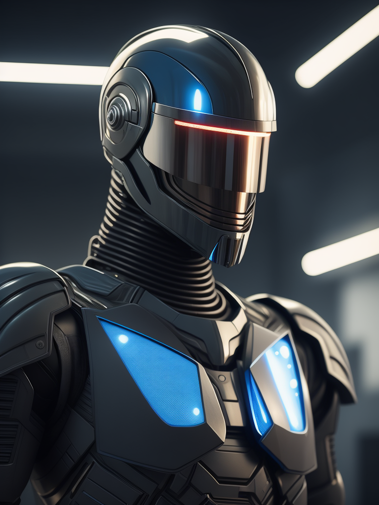 Robocop, armadura nova, dentro do laboratório de inovação, luz cenica azul, detlhado, cinema
