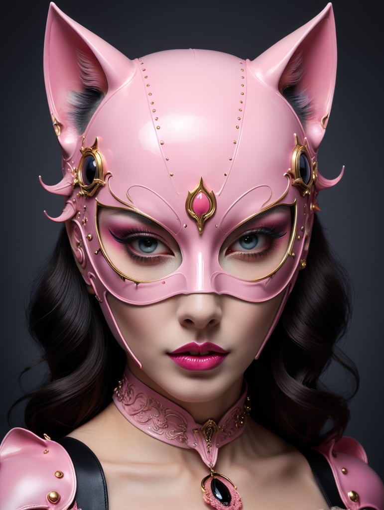 Close up portrait photography, of a gorgeous lady, wearing a pink cat woman mask, 80 degree view, art by sergio lopez, natalie shau, james jean and salvador dali