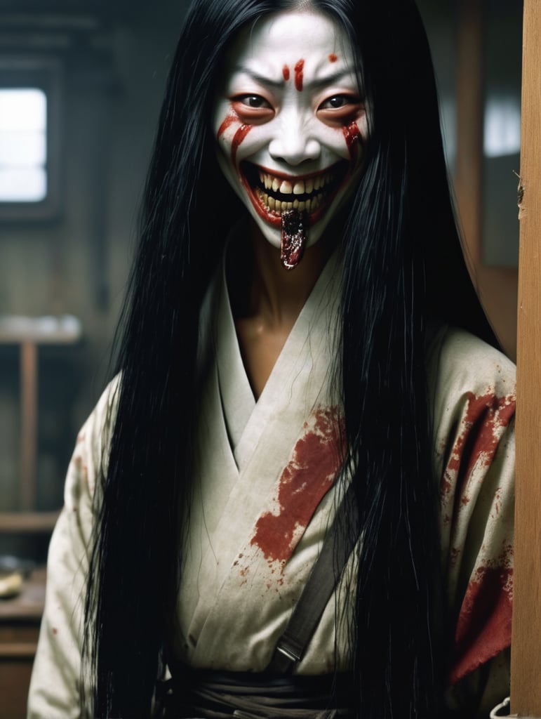 Kuchisake-onna smiling with Slit-Mouthed and razor sharp teeth Rotting flesh ,hored of flesh horror, ironic, creepy, scary caricature, satire, hyperdetailed illustration by Brian Bolland and iconic, hyperdetailed, digital illustration by Derek Riggs, (iconic, hyperdetailed, haunting digital illustration by Zdzisław Beksiński and Peter Gric. ) and artist Vincent Locke