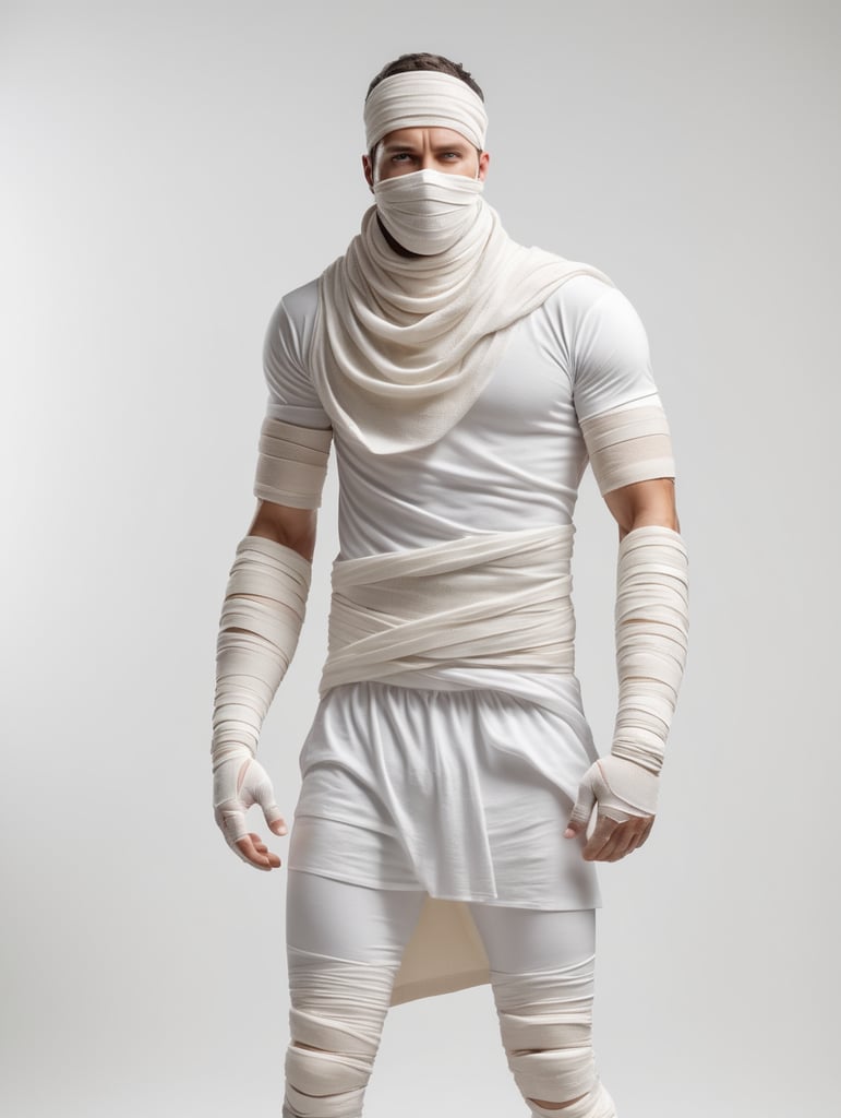 A photograph of man covered in bandages with his arms reached out with realistic style, white background, full body, show hands, show neck and head, standing front on