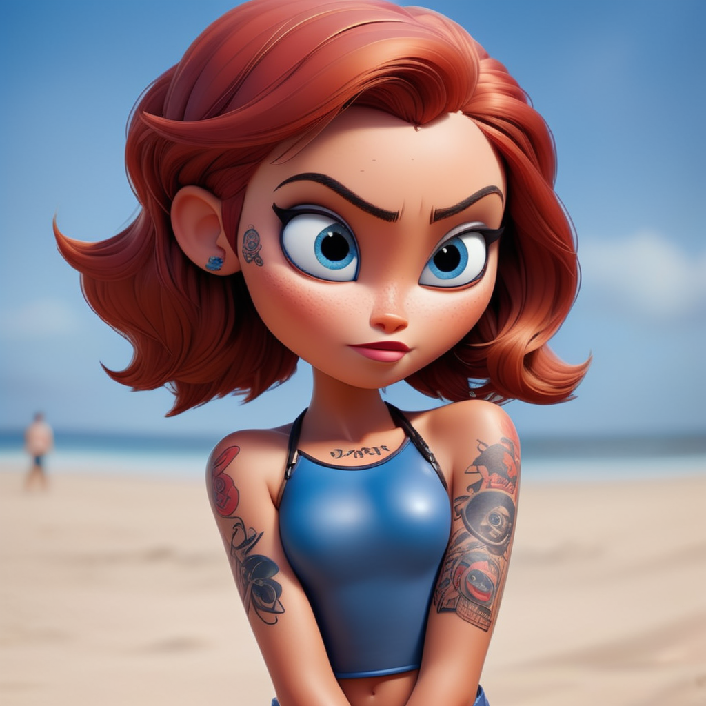 Hyperdetailed, full body shot, bronze tanned skin supermodel with deep-blue eyes and short straight red hair, bob hairstyle, fashion photo shoot on the beach for a magazine, bikini, whole body covered in tattoos