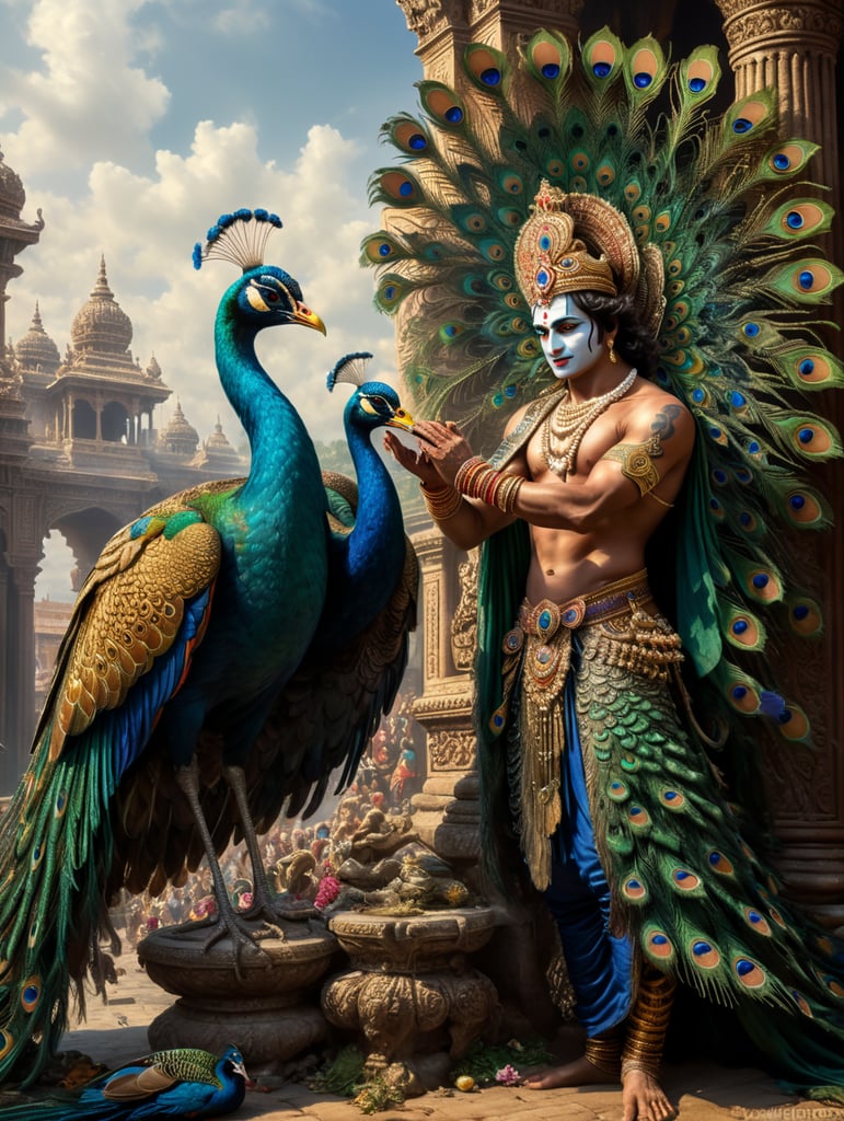 lord Krishna playing with peacock in a fantasy world photo realistic