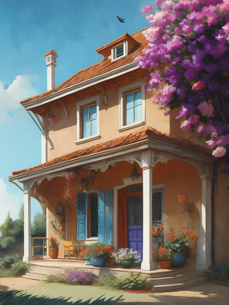 fairytale house, Marty Bell, openwork veranda, day, sunlight, blue sky, flowers near the house, pastel colors, transparent colors, pink, blue, purple, green, white