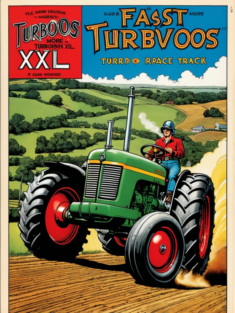 The Wizard's Vintage Comic Book Cover LoRA, Harrlogos XL LoRA – vintage comic book cover, fast (title says "TURBOVISION XL" text logo:1.4) in red, old tractor speeding down the race track, by r crumb and alan moore, detailed