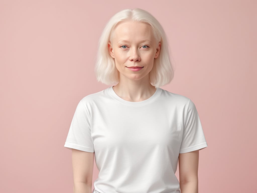 A middle-aged albino girl wearing a white T-shirt, isolated, pink background, mockup, mock up