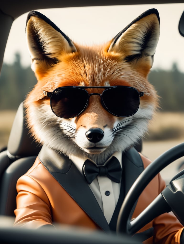 "A fox wearing sunglasses driving a GM vehicle."