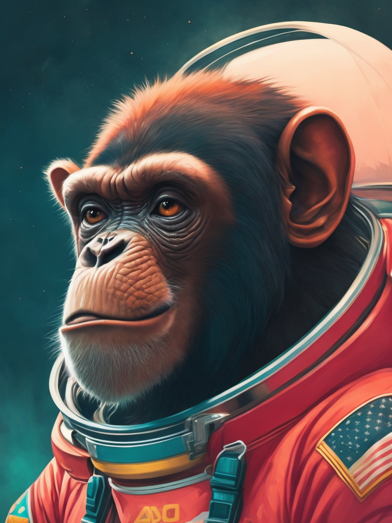 A chimpanzee going to space, wearing pink color astronaut suit, Vivid saturated colors, Contrast light, studio photo, professional photo, Detailed image, detailed face