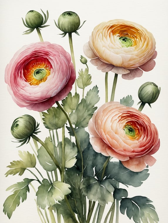 Premium Free ai Images | ranunculus flowers handmade painting water color